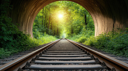 serene view of railway tracks leading into sunlit tunnel surrounded by greenery