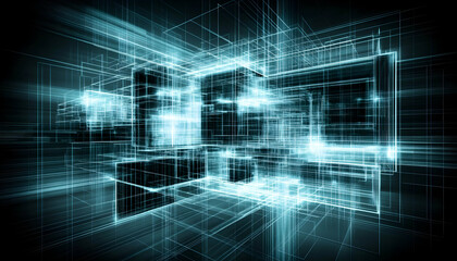 Obraz premium Abstract digital cityscape, glowing wireframe architecture, futuristic urban design, technology background.