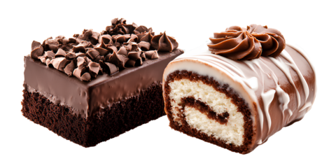 Two isolated cakes, one chocolate and the other a Swiss roll, on a transparent background