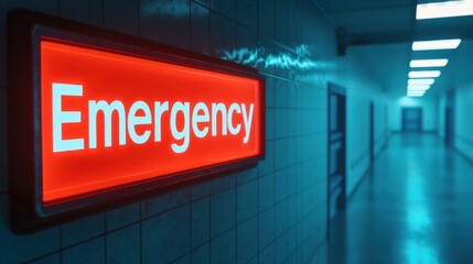 A glowing emergency sign illuminates a hospital hallway, emphasizing urgency and care.