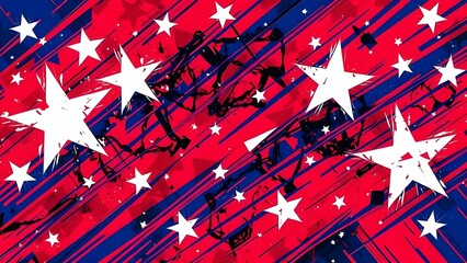 Abstract image with red, blue, and white colors, featuring stars, dynamic lines, and energetic grunge elements