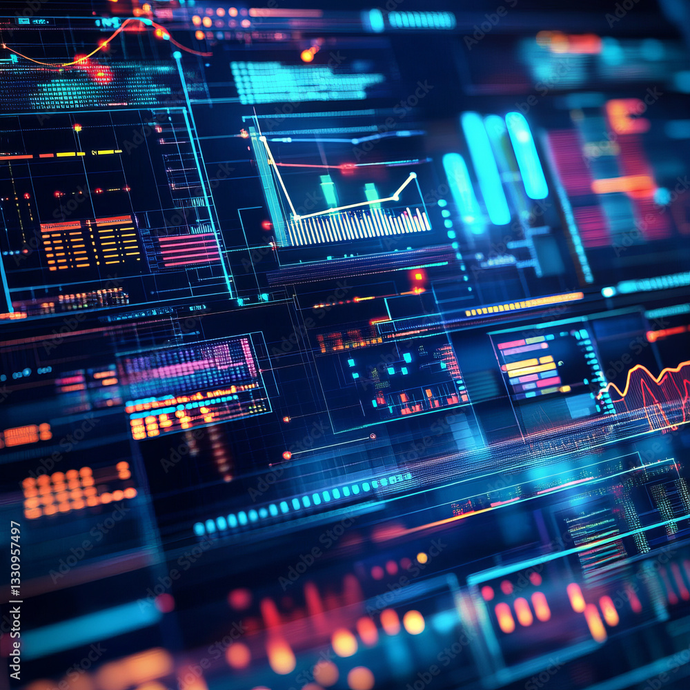 Poster close-up of digital screen with graphs, charts, and data streams in vibrant colors