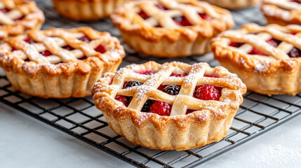 Freshly baked mini berry pies cooling on rack, perfect for dessert