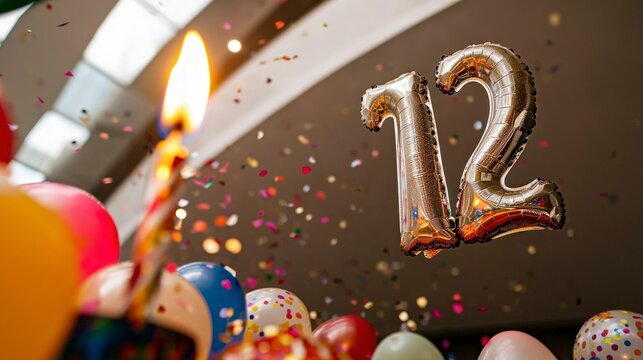 Festive 12th Birthday  Balloons  Candle  Confetti Celebration