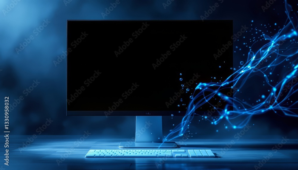Poster sleek computer and keyboard are featured with a dynamic blue lighting effect creating a futuristic t