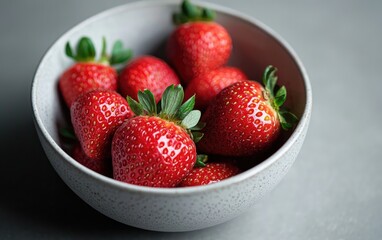 Fresh Strawberries in Speckled Bowl on Gray Surface