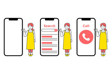 大きいスマートフォンとエプロン姿の女性のセット