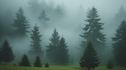 Fototapeta premium Dense coniferous forest covered in morning fog, showcasing tranquil natural beauty with atmospheric depth and evergreen trees fading into misty wilderness, perfect for scenic backdrops