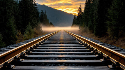 Fototapeta premium foggy sunrise over forgotten railway tracks, creating serene atmosphere