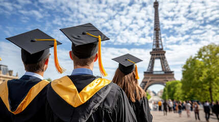 Graduation ceremony with students in caps and gowns near Eiffel Tower