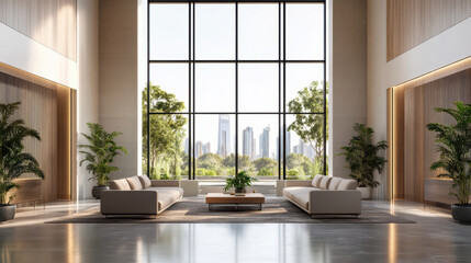 Modern living room with large windows and city view, featuring plants