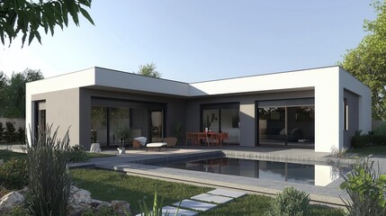 Fototapeta premium Modern Single-Story House with Pool and Lush Landscape