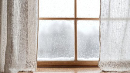 lace curtain partially covers frosty window, creating cozy atmosphere