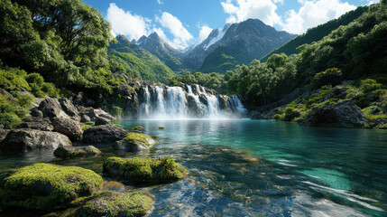 Fototapeta premium serene jungle waterfall surrounded by lush greenery and mountains
