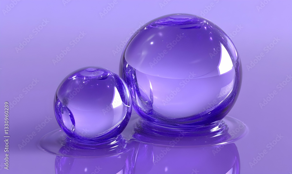 Poster abstract image of two vibrant purple spheres, seemingly liquid, resting on a reflective surface. a c