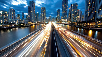 Fototapeta premium vibrant nighttime skyline with long exposure capturing light trails