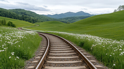 peaceful countryside scene with old railway tracks surrounded by lush greenery and flowers