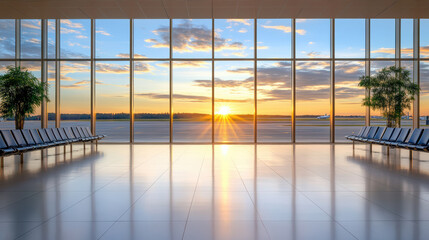 Fototapeta premium peaceful evening airport scene with travelers and beautiful sunset
