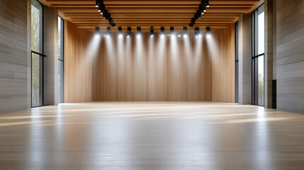 spacious, dimly lit conference hall with wooden accents and bright lights
