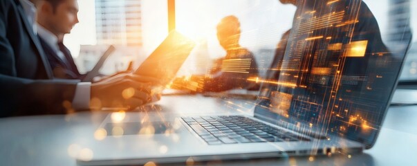 Business team using technology with data visualization overlays in the office