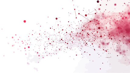 Fototapeta premium The image is an abstract composition featuring a dispersion of small red particles and dots against a white background. The particles appear to be connected by thin, faint lines suggesting a