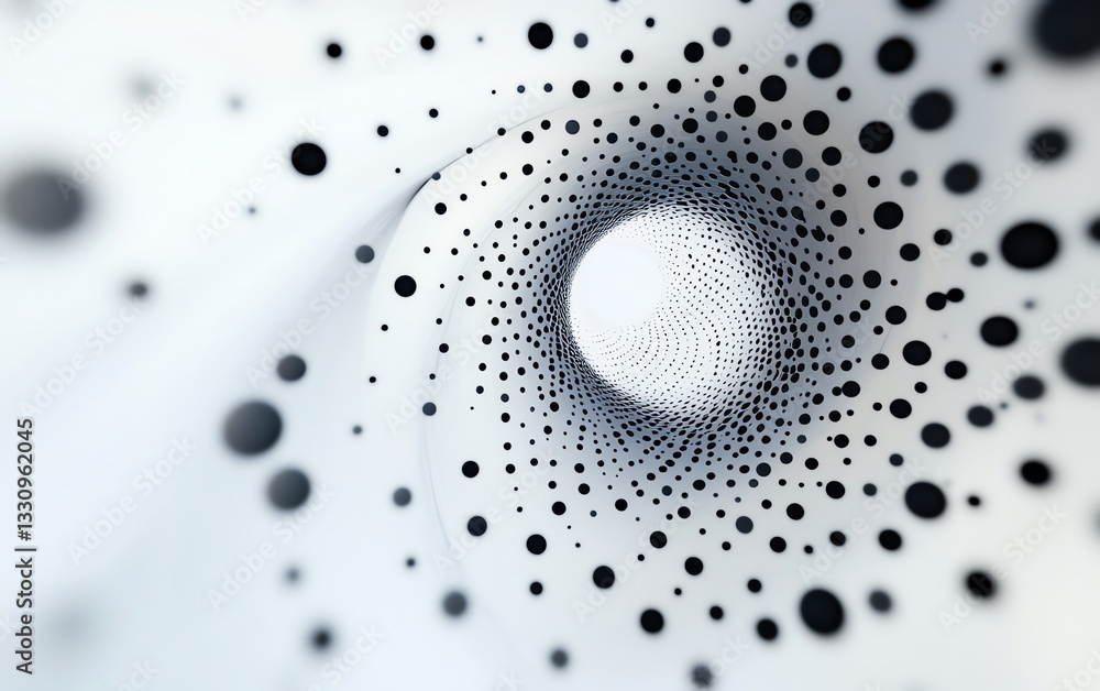 Poster varying sizes of circles in a spiral pattern on a white background, abstract composition representin