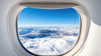 Snowy mountain range viewed from airplane window, showcasing stunning landscapes