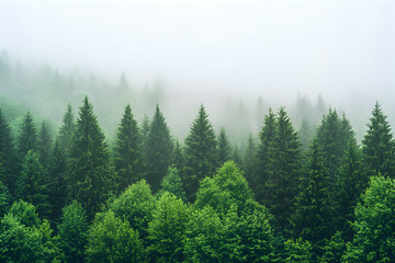 Obraz premium Misty mountain forest scene with tall evergreen trees and lush green undergrowth, creating a tranquil and serene atmosphere.