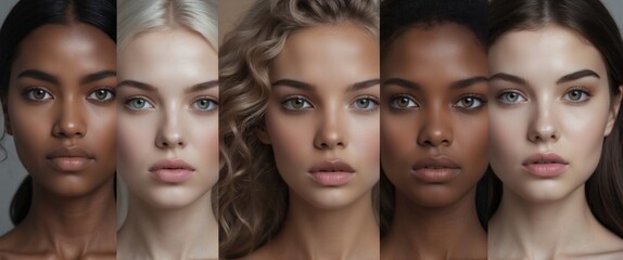 Obraz premium Medical and dermatological products for skin conditions. Collage. Close-up of beautiful young girls. Concept of human diversity, beauty standards, cosmetics.