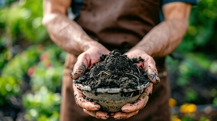 Close-up of hands holding soil in a bowl, with a male gardener wearing a brown apron in the background. Gardening concept, macro photography
