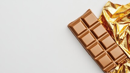 Delicious Milk Chocolate Bar Wrapped in Gold Foil on Neutral Backdrop