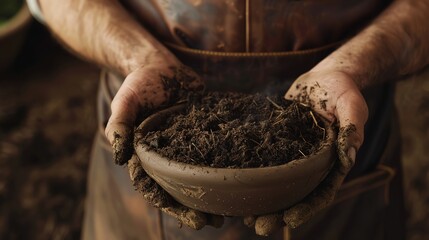 Close-up of hands holding soil in a bowl, with a male gardener wearing a brown apron in the background. Gardening concept, macro photography