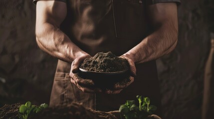 Close-up of hands holding soil in a bowl, with a male gardener wearing a brown apron in the background. Gardening concept, macro photography