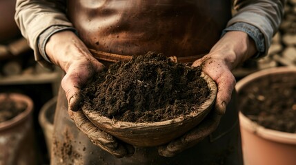 Close-up of hands holding soil in a bowl, with a male gardener wearing a brown apron in the background. Gardening concept, macro photography