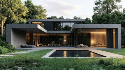 Modern Minimalist House Surrounded by Lush Green Trees and Grass
