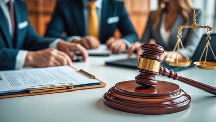 Teamwork of business lawyers collaborating diligently on legal legislation in the courtroom to assist their client.