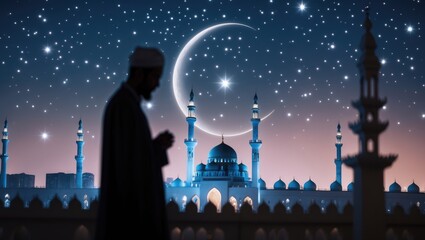 Islamic festival of sacrifice background featuring a silhouette and a mosque illuminated by crescent moonlight.