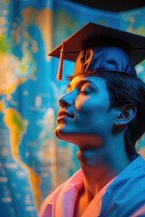 Graduation study abroad international concept, graduation cap placed on a model map. Education leads to success globally.