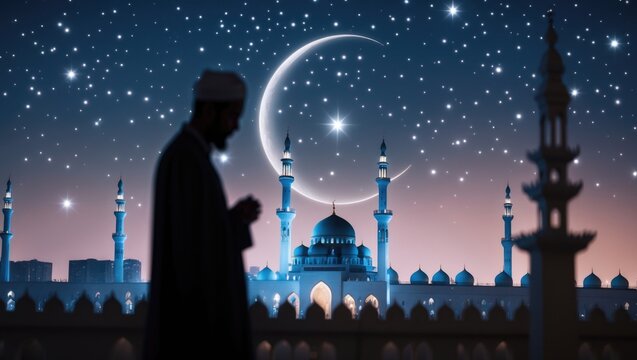 Islamic festival of sacrifice background featuring a silhouette and a mosque illuminated by crescent moonlight.