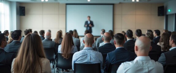 Male speaker presenting at an event. Audience in the hall. Business and entrepreneurship theme. Focus on unidentifiable individuals in the audience.