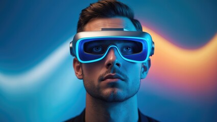 Man using VR glasses against a gradient background.