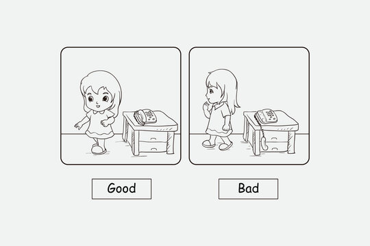 Black and white illustration showing two scenarios of good and bad behavior, highlighting moral differences in actions. Useful for children's education and ethical decision-making materials.