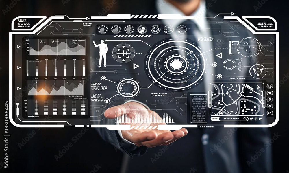 Poster businessman using futuristic digital interface for data analysis, graphical representation, and tech