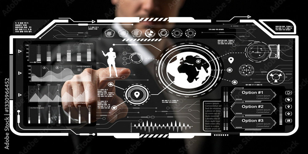 Poster business professional interacting with futuristic technology interface, digital world map, graphs, a