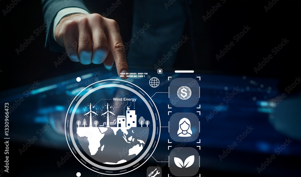 Poster businessman interacting with digital interface displaying wind energy concept and related icons for 