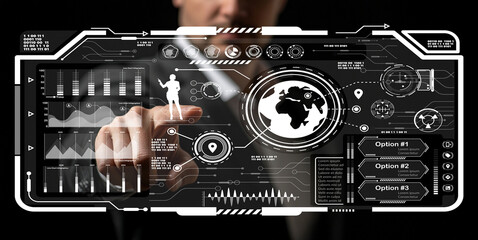 Business professional interacting with futuristic technology interface, digital world map, graphs, and data analysis in modern workspace setting