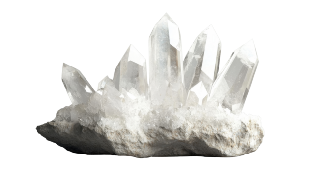 Group of quartz crystals growing on rock with transparent background