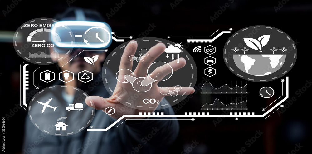 Poster futuristic concept of virtual reality with interactive touchscreen display on environmental sustaina