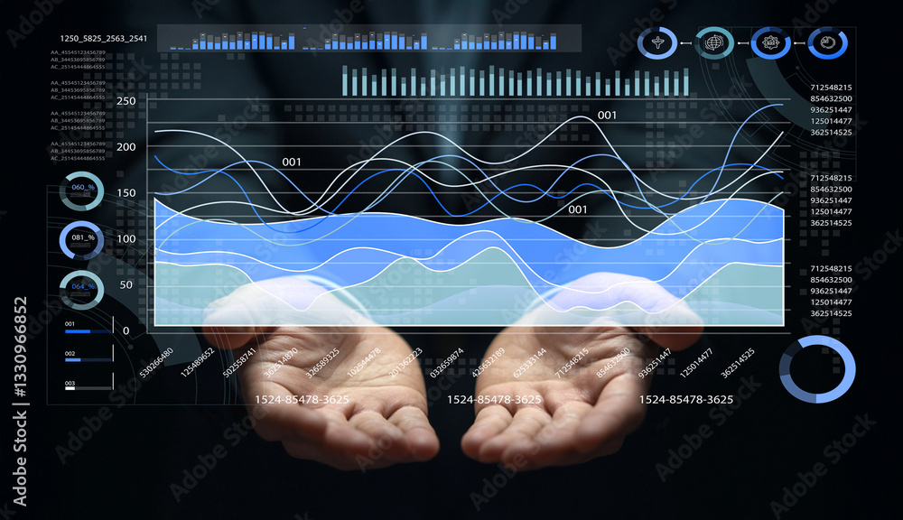 Aufkleber hands presenting digital data visualization, analysis and graphs, technology concept for future anal