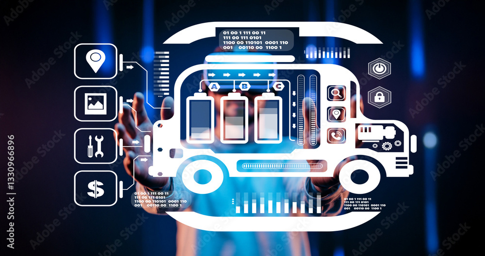 Poster futuristic technology interface with interactive graphic of delivery truck and digital control butto